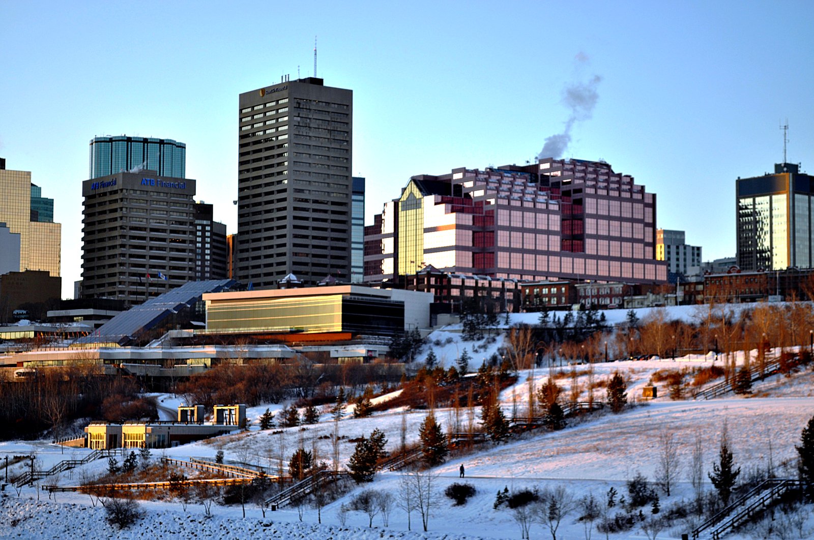 Edmonton skyline over the snowy river valley in winter