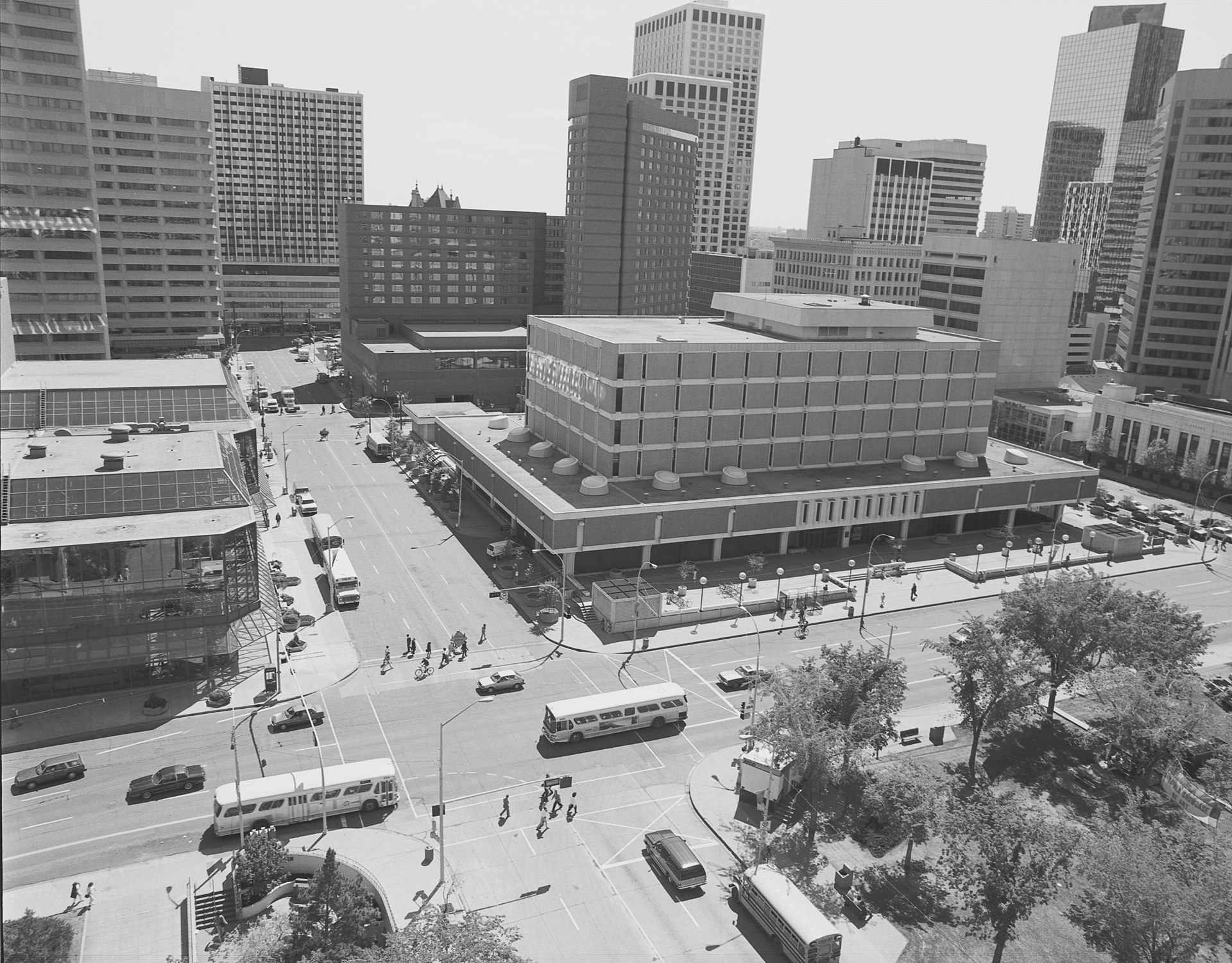 Historic aerial of downtown Edmonton with the central public library building